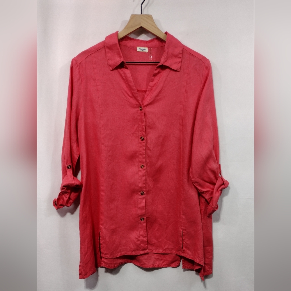 Simple NYC 100% Linen Button Shirt Womens M Pink Retro 90s Minimalist Holiday
